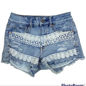 AE Denim Jean Shorts SZ 2 Hi Rise Shortie Lace Distressed Frayed Cut Offs
